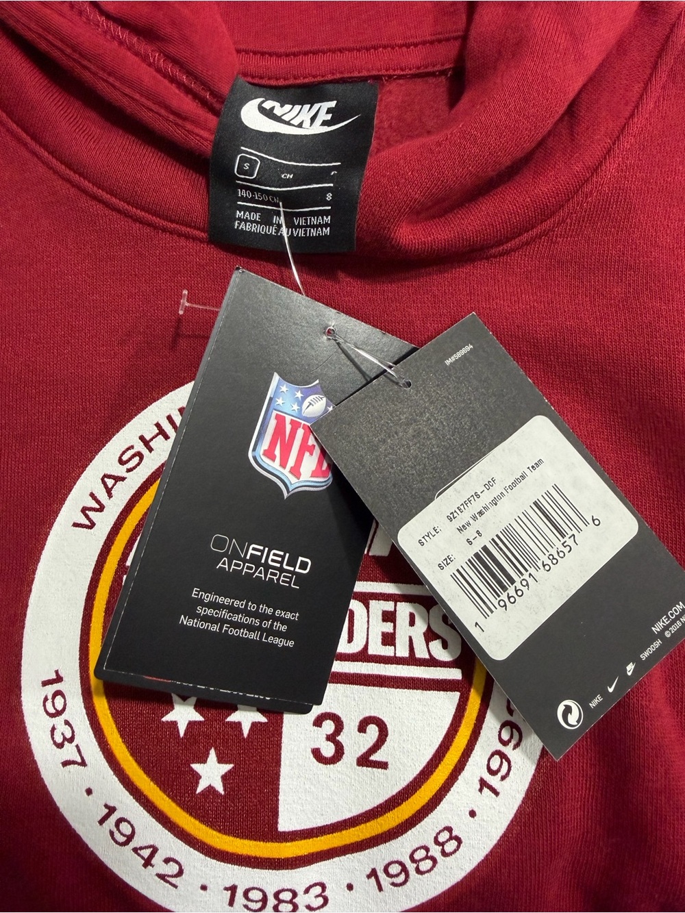 NWT Nike Washington Commanders Youth Small NFL Hoodie Burgundy - Picture 3 of 6